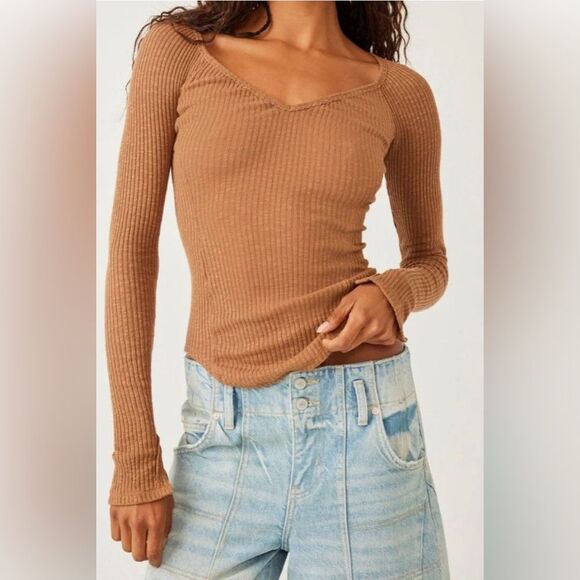 Free People We The Free Passing Thru Layering Tee, Brown, Size S - Picture 5 of 9